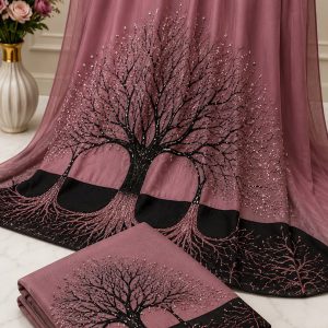 Mauve Chiffon Saree with Glittering Tree of Life Design & Black Border