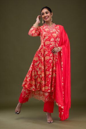Red Printed Semi Crepe Readymade Salwar Suit